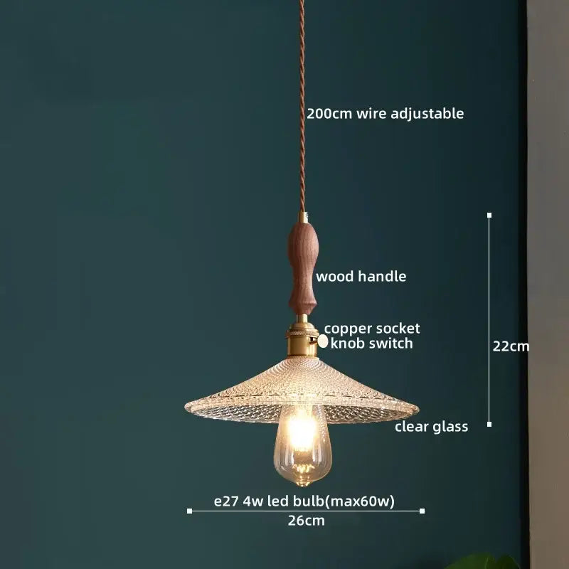 Japanese style clear glass pendant lamp with warm wood trim brass socket and woven pattern hanging decorbites clear glass pendant lamp
