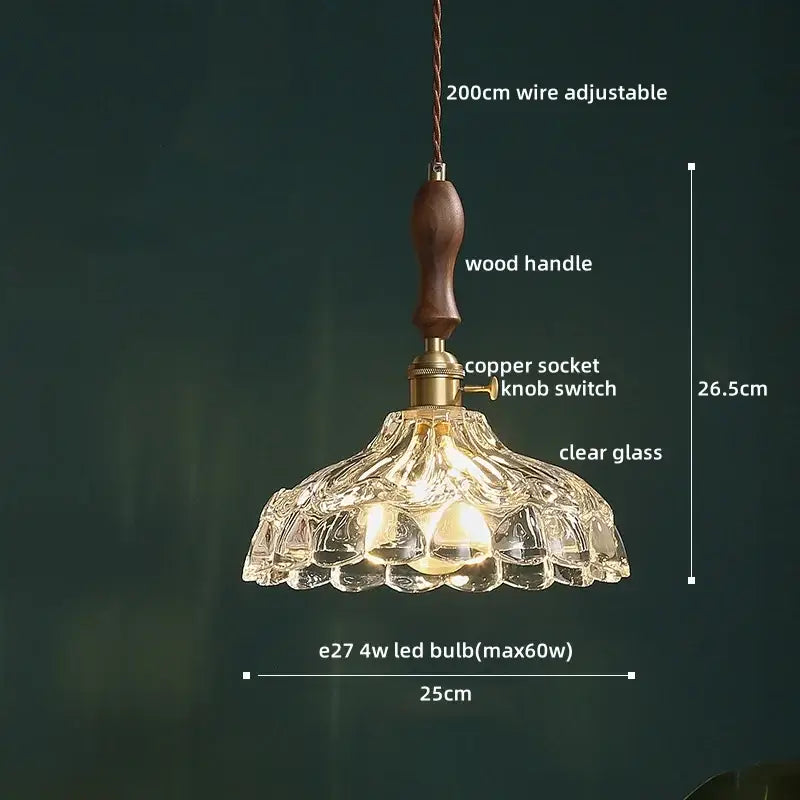 Clear glass pendant lamp with fluted petal design and warm brass copper socket for dining room wood trim decorbites clear glass
