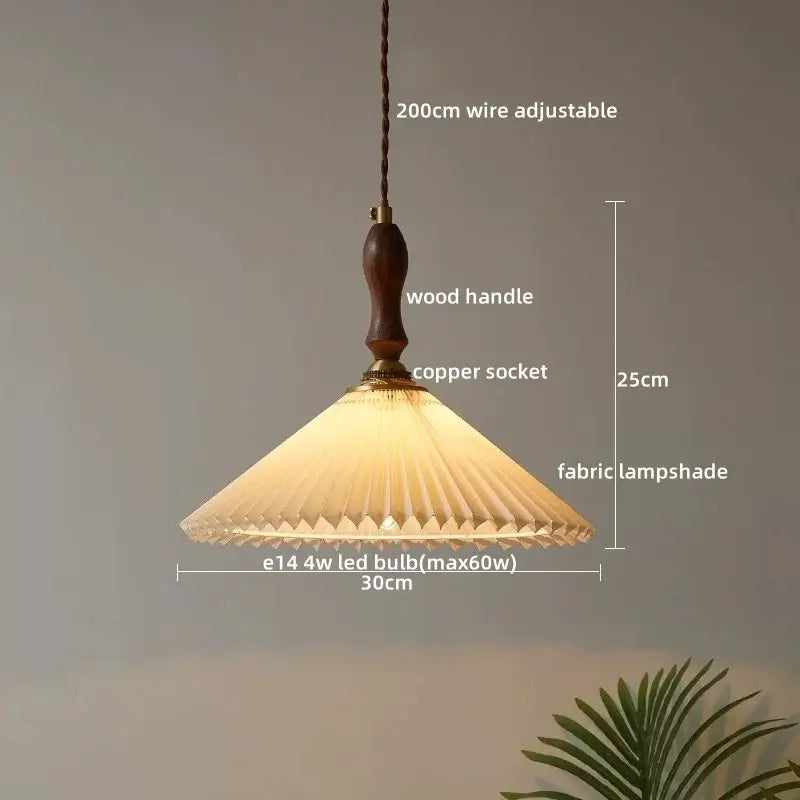 Japanese style clear glass pendant lamp with warm-toned pleated fabric shade and wood trim for dining room decorbites clear glass