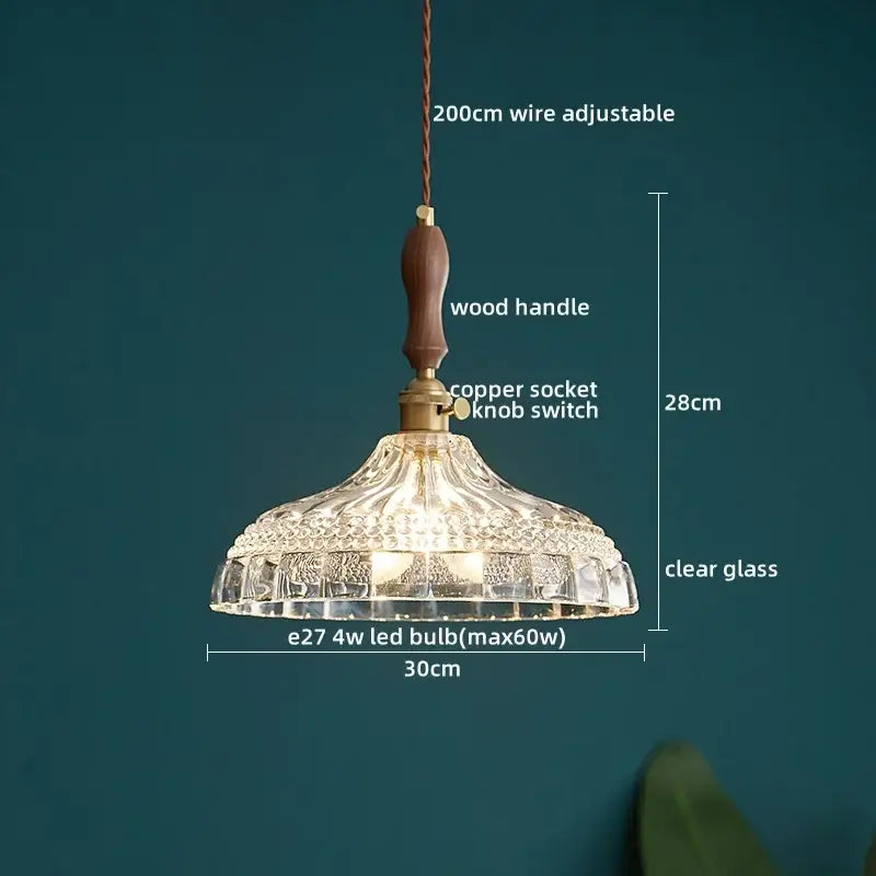 Clear glass pendant lamp with textured fluted design and wooden handle for Japanese style dining room decorbites clear glass