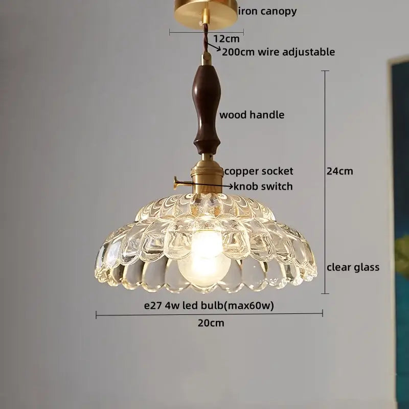 Japanese style clear glass pendant lamp with wooden handle and brass accents for dining room decorbites clear glass lighting