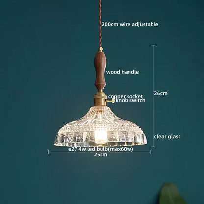 Japanese style textured clear glass pendant lamp with wooden handle copper socket for dining room decorbites clear glass