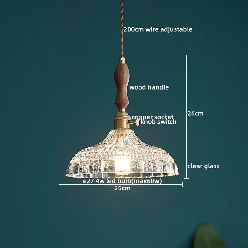 Japanese style textured clear glass pendant lamp with wooden handle copper socket for dining room decorbites clear glass