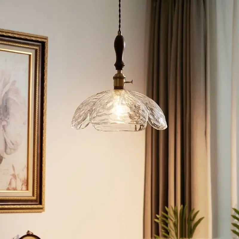 Japanese style pendant lamp clear glass pendant with textured petal design and dark wooden handle for dining room decorbites clear glass