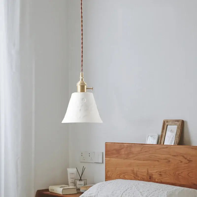 Japanese style white pleated ceramic led hanging lamp with brass fixture and twisted copper cord for dining room decorbites ceramic led