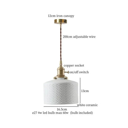 Japanese style white pleated ceramic LED hanging lamp with textured chevron pattern and brass accents for dining room decorbites ceramic LED