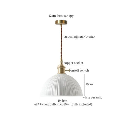 Japanese style white pleated ceramic led hanging lamp with fluted dome shade and brass accents for dining room decorbites ceramic led
