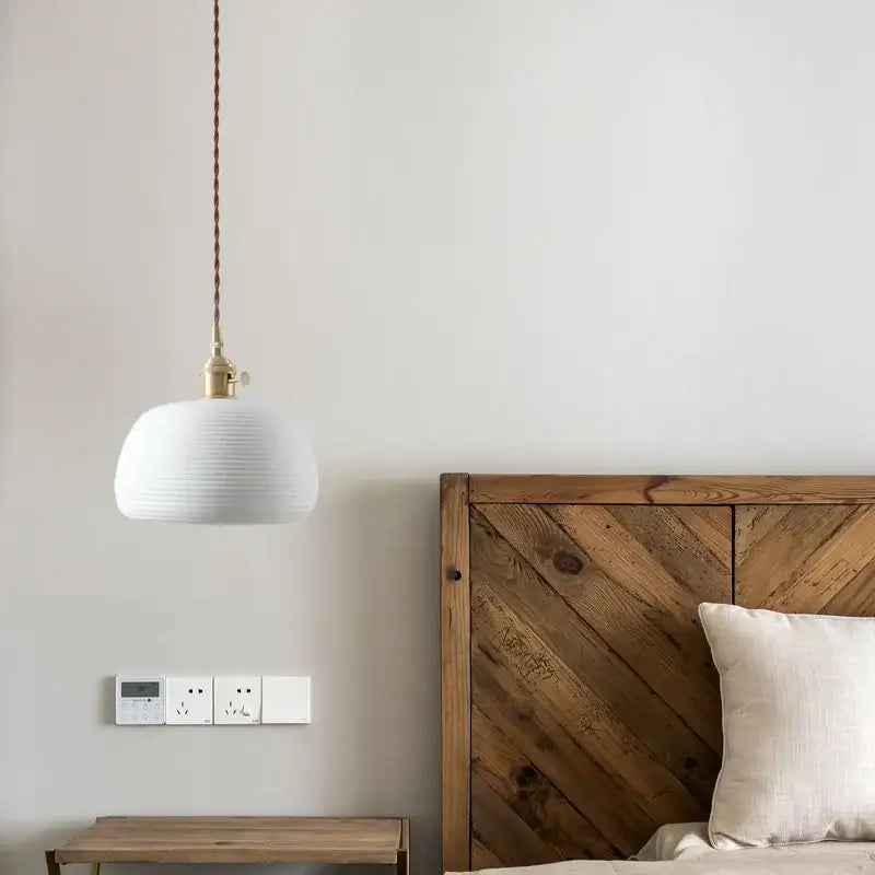 Japanese style white pleated ceramic led hanging lamp with brass fixture and twisted cord for dining room decorbites ceramic led