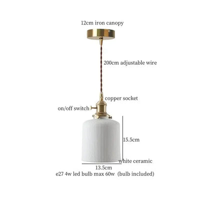 Japanese style white pleated ceramic led hanging lamp with vertical ridges brass accents and braided wire suspension decorbites ceramic led