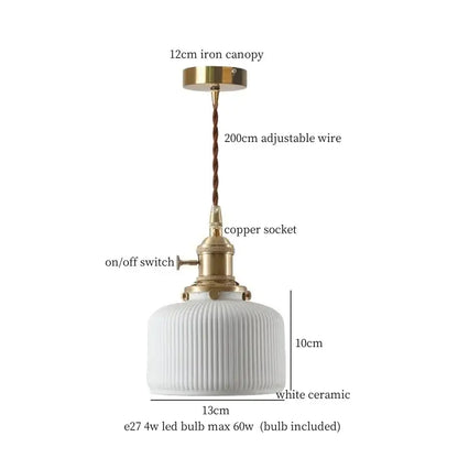White ribbed ceramic led hanging lamp with brass accents and adjustable copper socket for dining room decorbites ceramic led