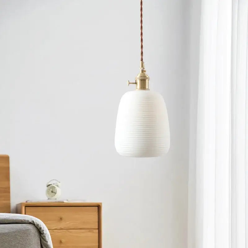 White ribbed glass ceramic led hanging lamp with brass fixture and twisted brown cord for dining room decorbites ceramic led
