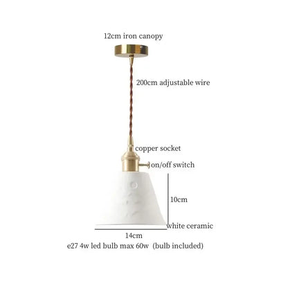 Japanese style white pleated ceramic led hanging lamp with brass canopy and copper socket for dining room decorbites ceramic led