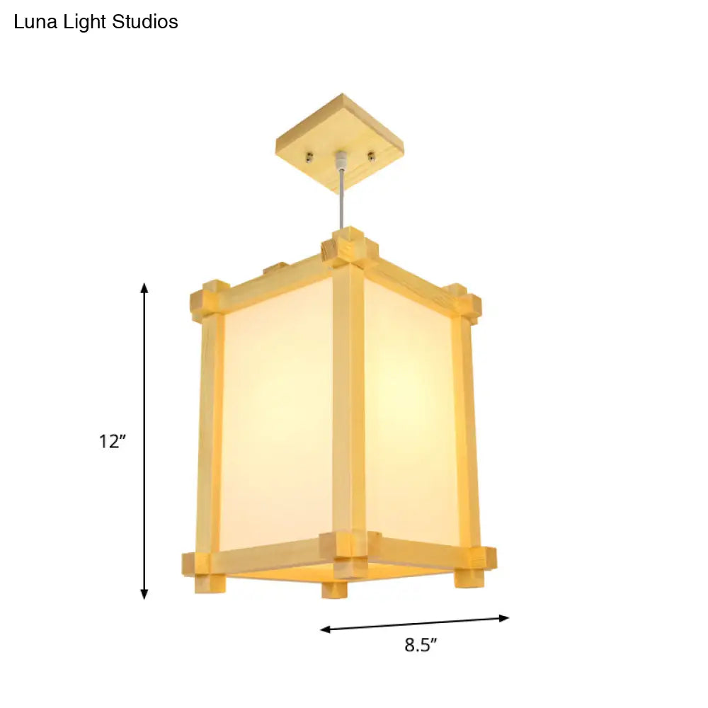 Japanese-Style Wood Pendant Light Fixture - Box Shape, Beige