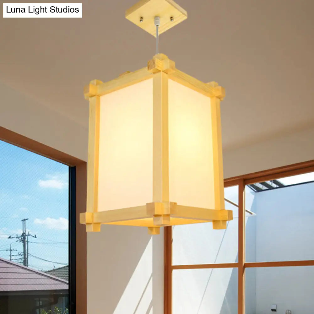 Japanese-Style Wood Pendant Light Fixture - Box Shape, Beige