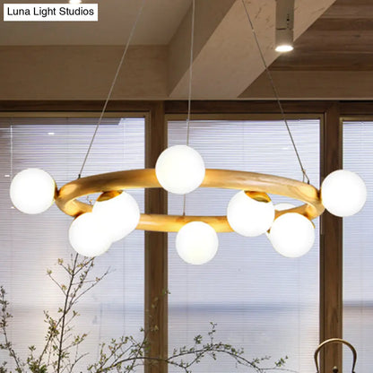 Japanese Style Wood Ring Pendant Light with Bubble Shade in Beige - Perfect for Study Room
