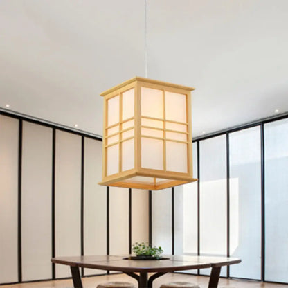 Japanese Style Wooden Pendant Light - Rectangle Sushi House Lamp in Beige