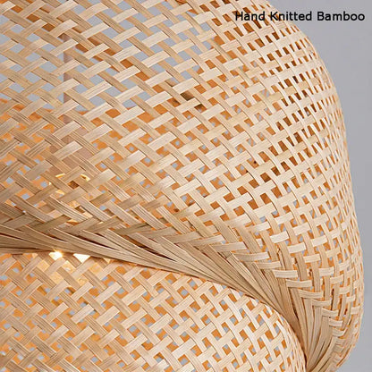 Hand-knitted japanese tiered bamboo pendant light with natural beige lattice texture as a dining room focal point