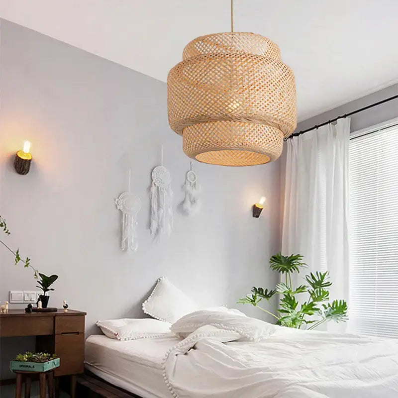 Japanese tiered bamboo pendant light with natural materials and intricate lattice pattern for dining room with led bulb
