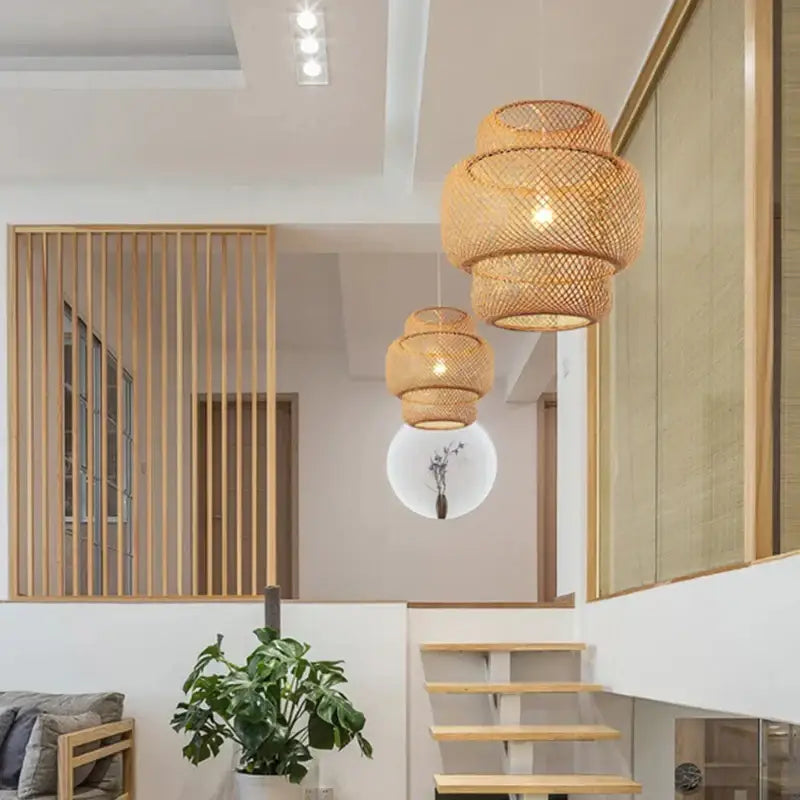 Japanese tiered bamboo pendant light with natural materials and warm finish ideal for dining room with led bulb