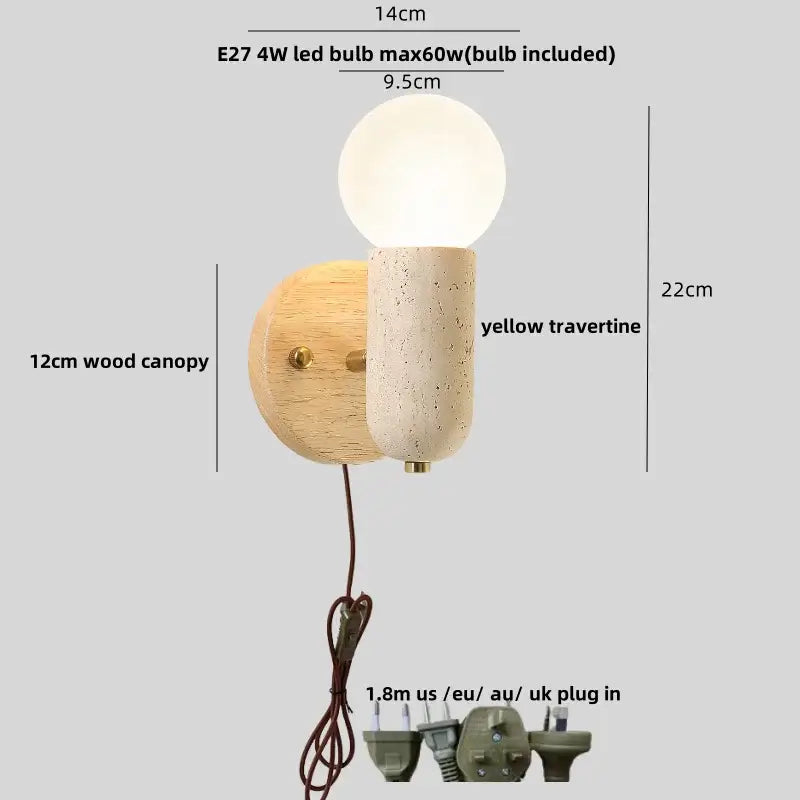 Minimalist japanese travertine led wall lamp with frosted glass bulb and yellow textured stem on light wood canopy for bedroom