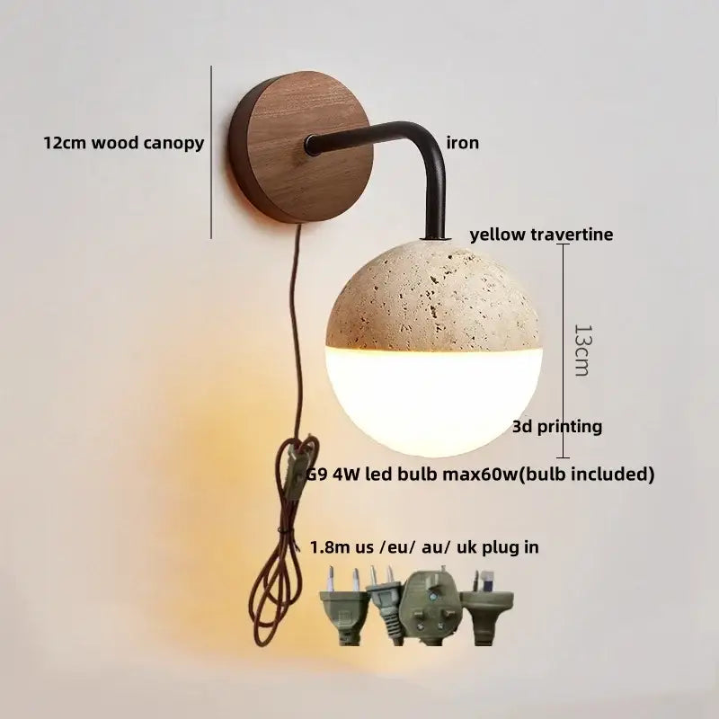 Japanese travertine led wall lamp with a 12cm wood canopy black iron arm and yellow travertine spherical shade