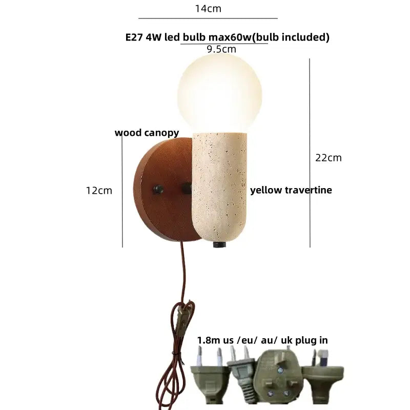A japanese travertine led wall lamp with warm wood canopy and yellow textured travertine body for bedroom lighting