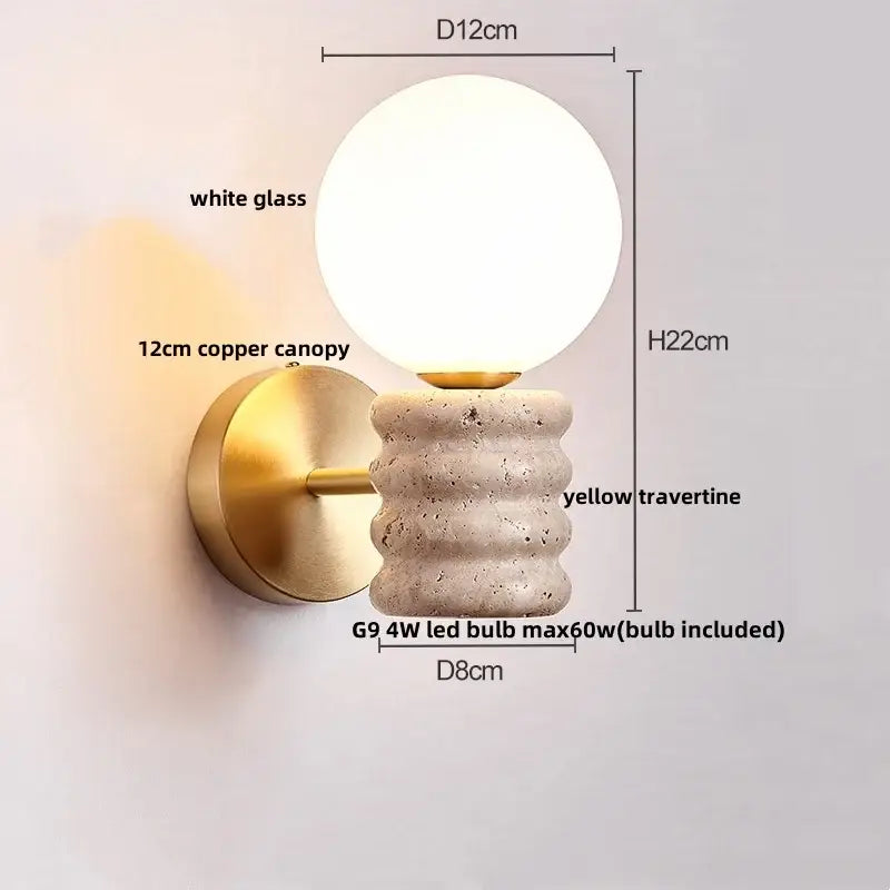 A modern Japanese travertine led wall lamp with a white glass globe, copper canopy, and yellow travertine base for bedrooms