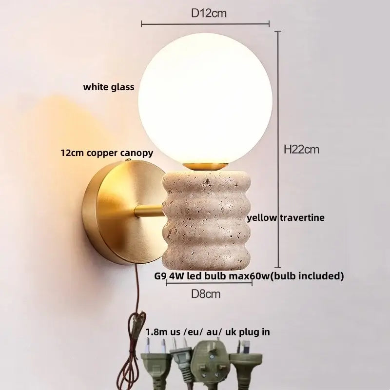 Japanese travertine led wall lamp with white glass globe, copper canopy, and yellow travertine base for bedroom use