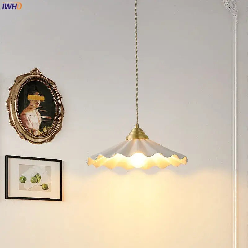 Japanese vintage brass and white ceramic led pendant light with scalloped glass shade for kitchen decorbites ceramic led