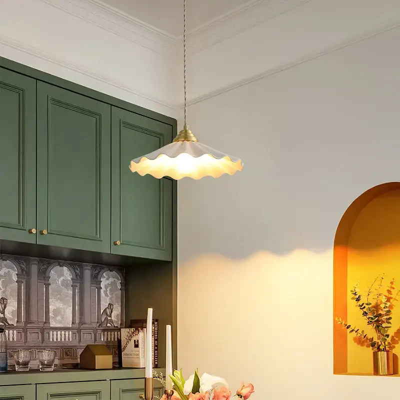 A delicate white ceramic led pendant light with scalloped glass shade and brass fixture for kitchen decorbites ceramic led