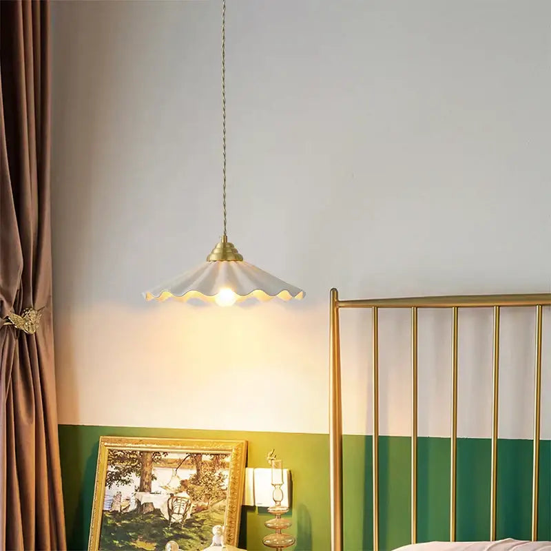 Japanese vintage pendant light with white ceramic led scalloped shade and brass fixture for kitchen decorbites ceramic led