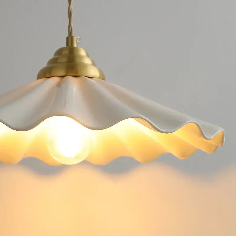 White ceramic led pendant light with scalloped edge and brass fixture for Japanese vintage kitchen decorbites ceramic led