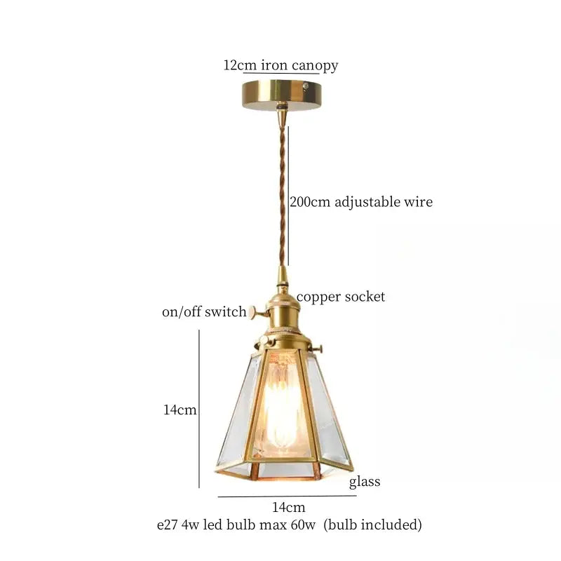 Japanese vintage brass and wood glass led pendant lamp with geometric glass led pendant and adjustable copper wire for dining room
