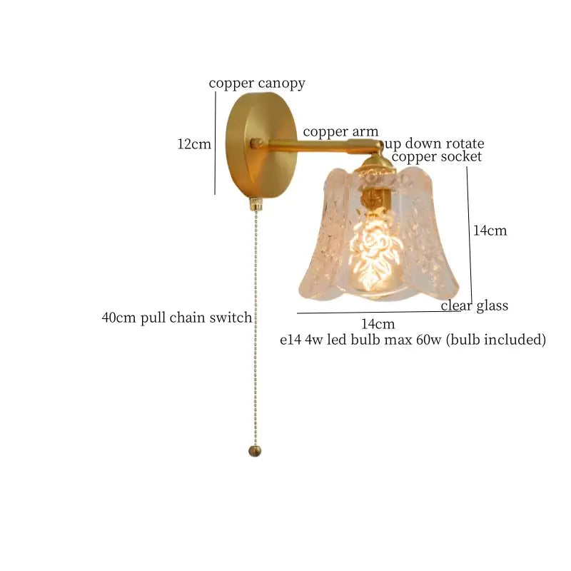 Japanese vintage gold bell glass led wall lamp with copper canopy and floral etched clear glass shade decorbites bell glass