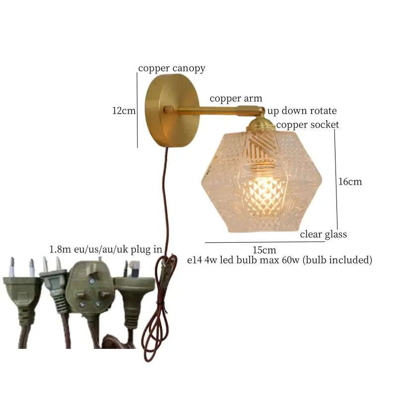 Japanese vintage gold bell glass led wall lamp with clear hexagonal glass and copper arm for bedroom decorbites bell glass