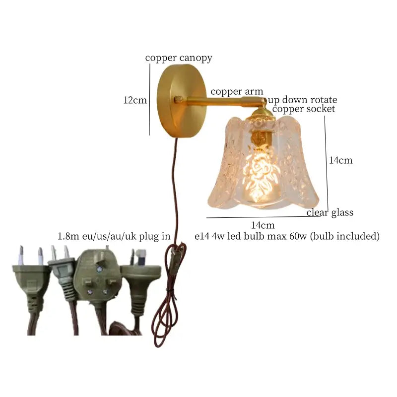 Japanese vintage gold bell glass led wall lamp with polished copper arm and ornate clear glass shade for decorbites bell glass lighting