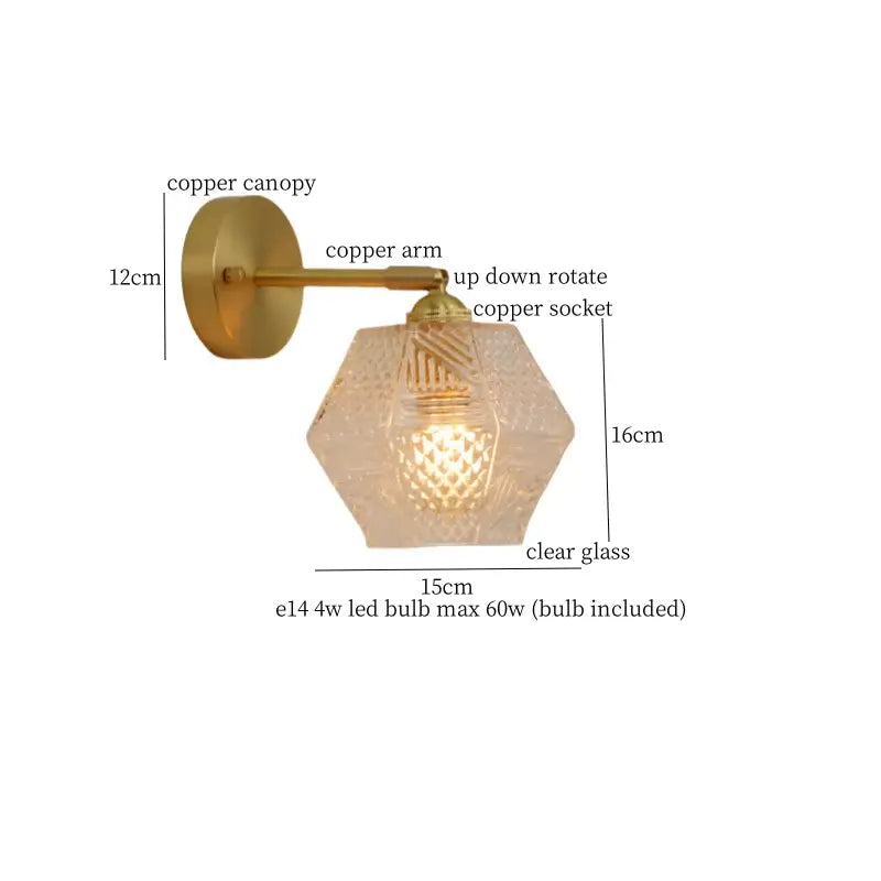 Japanese vintage gold bell glass led wall lamp with hexagonal clear textured glass and brass copper hardware for decorbites bell glass