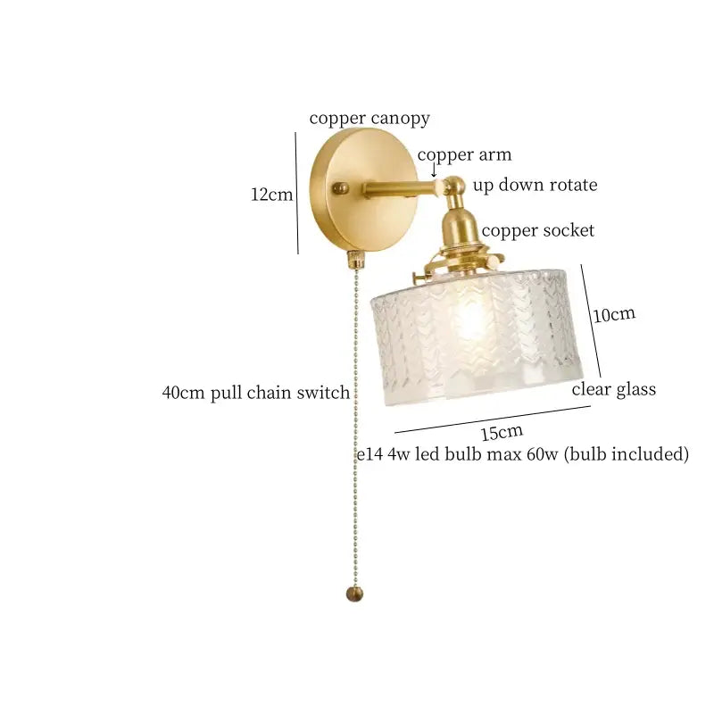 Japanese vintage gold bell glass led wall lamp with brass copper arm and ornate textured clear glass shade decorbites bell glass
