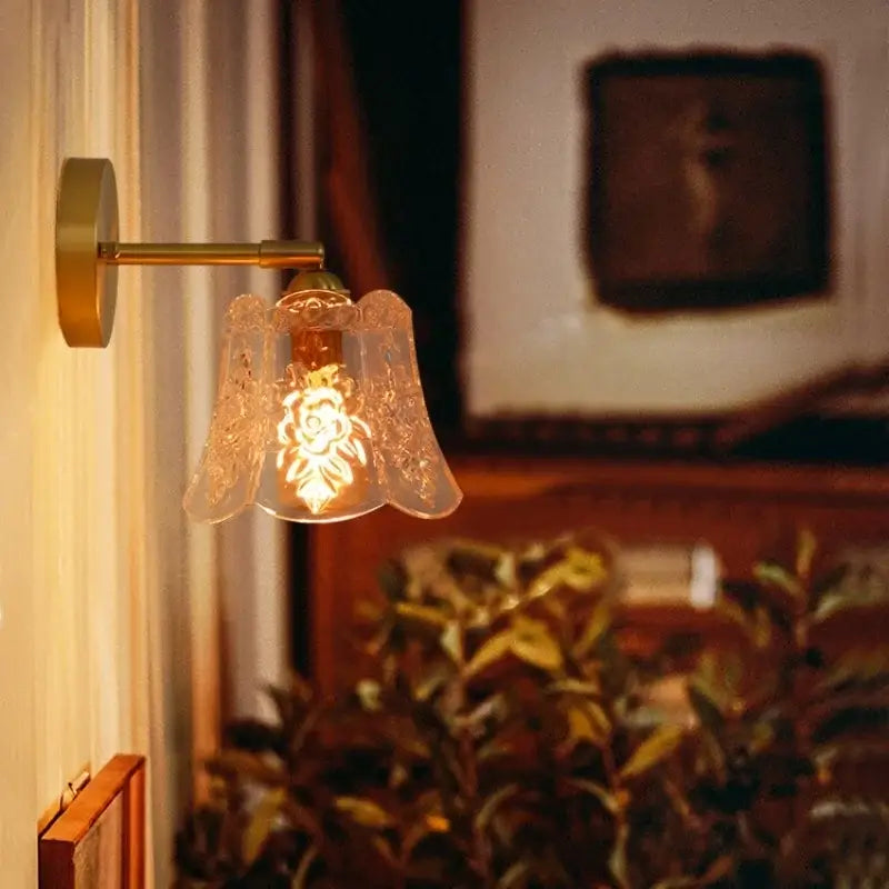 Japanese vintage gold bell glass led wall lamp with delicate floral etched translucent glass shade on brass fixture