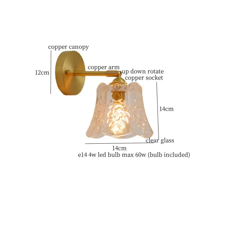 Japanese vintage gold bell glass led wall lamp with copper canopy and ornate floral decorbites bell glass shade for bedroom