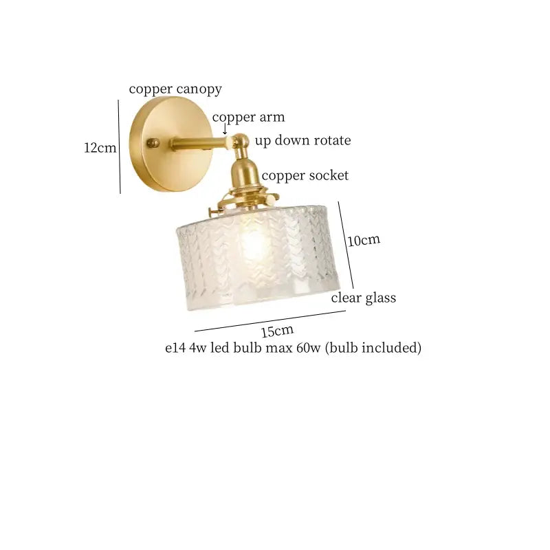 Japanese vintage gold bell glass led wall lamp with brass-finished copper arm and clear textured bell glass shade decorbites bell glass
