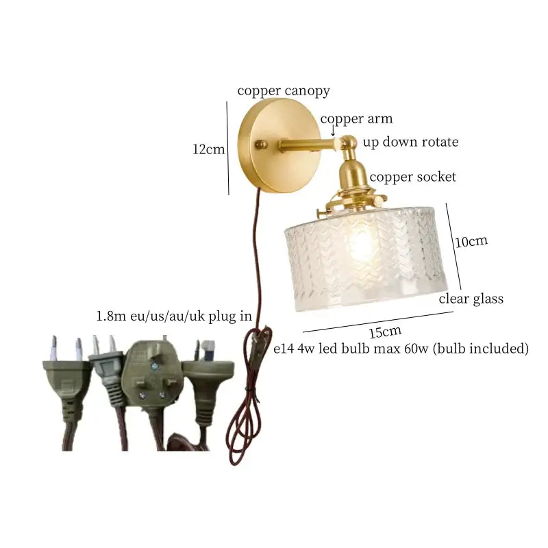 Japanese vintage gold bell glass led wall lamp with brass-finished copper canopy and etched clear glass shade decorbites bell glass