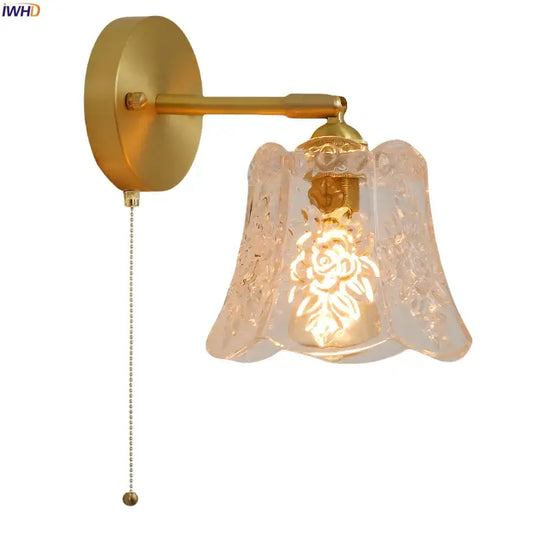 Gold-finished japanese vintage decorbites bell glass led wall lamp with etched floral shade and pull chain for bedroom decorbites bell glass wall lamp