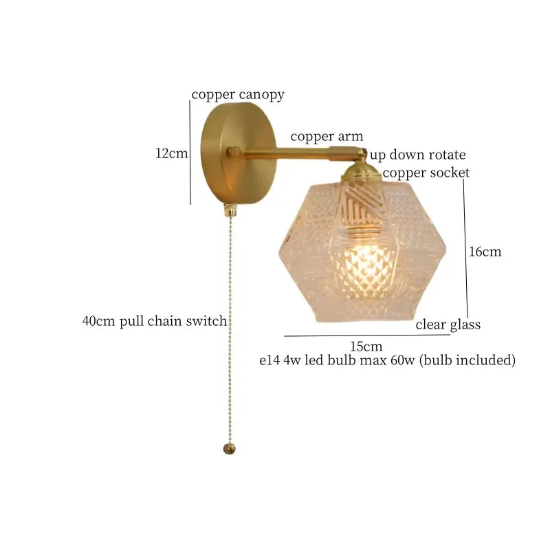 Japanese vintage gold bell glass led wall lamp with hexagonal clear glass, brass canopy, and etched warm light pattern