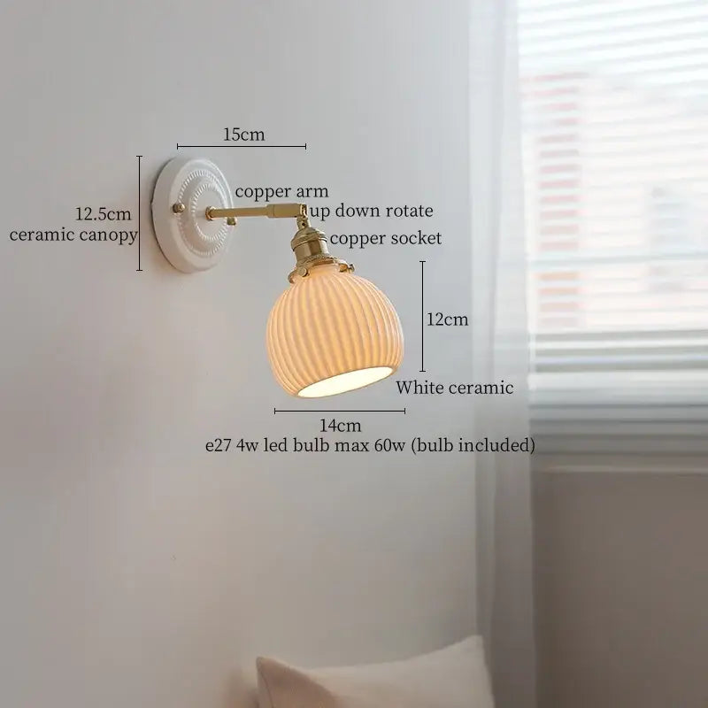 White ceramic led wall sconce with ribbed glass shade and brass copper arm for bedroom decorbites ceramic led wall