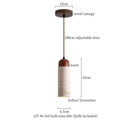 A japanese vintage wood and cement led pendant light with warm brown wood canopy and yellow travertine stone decorbites cement led