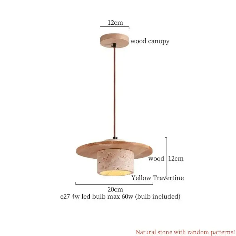 Japanese vintage wood and cement led pendant light with natural wood frame and yellow travertine stone body for bedroom decorbites cement led