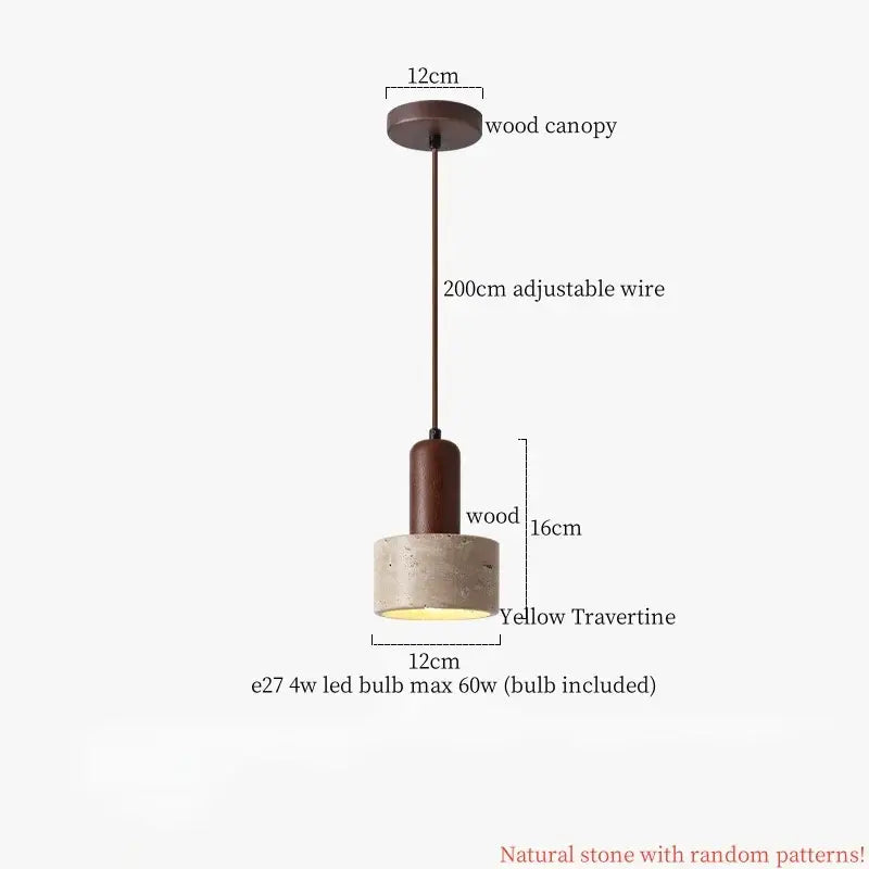 Japanese vintage wood and cement led pendant light with dark wood canopy and yellow travertine base for bedroom decorbites cement led