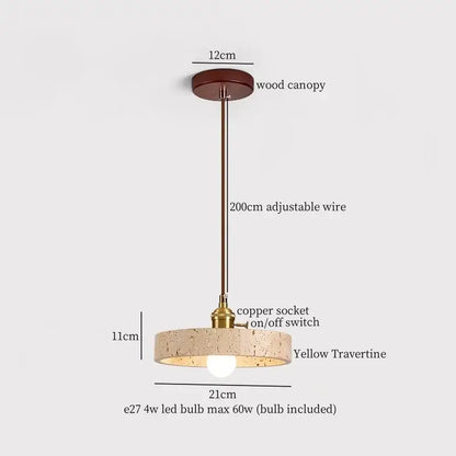 Yellow travertine pendant light with bronze wood canopy and adjustable copper wire for japanese vintage decorbites cement led