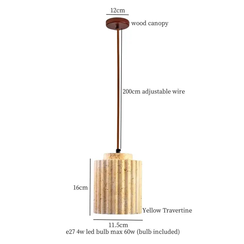Yellow travertine cement led pendant light with fluted cylindrical shade and wooden canopy for bedroom decorbites cement led